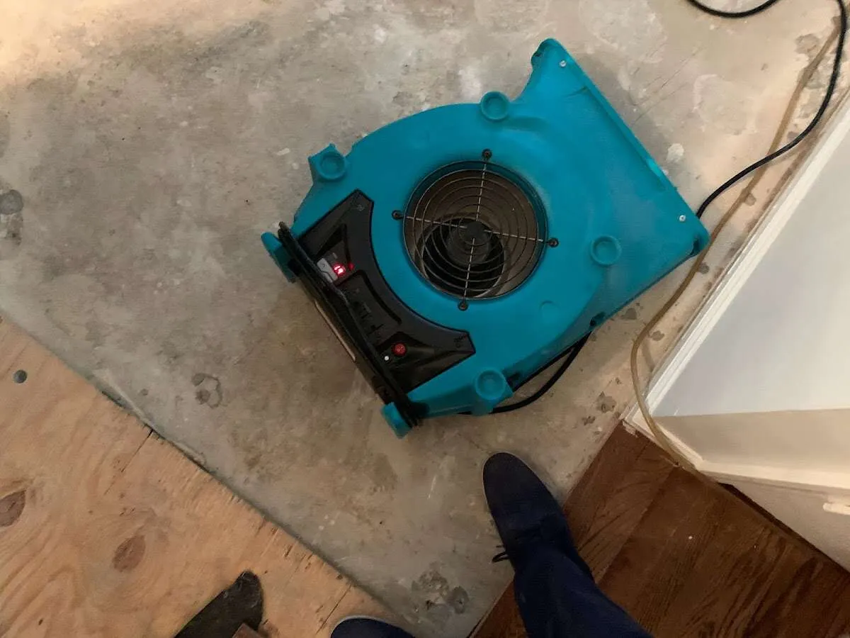Air mover drying subfloor during Commercial Water Damage Restoration in Celina